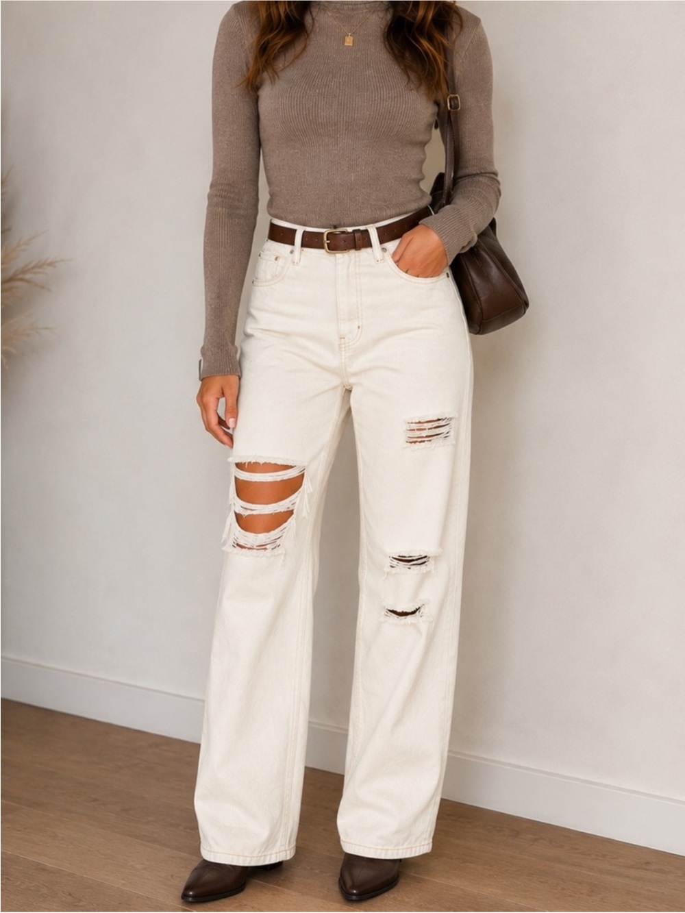 BDG Cream High-Rise Distressed Wide-Leg Jeans